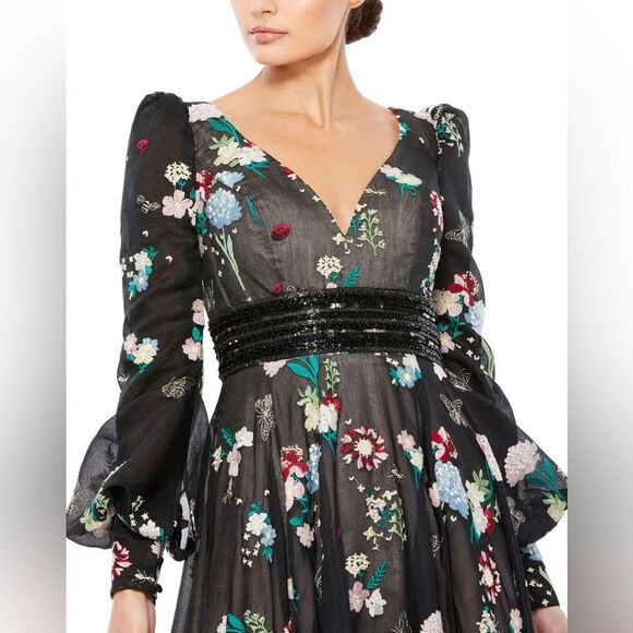 Mac Duggal | 79361 Embroidered Bishop Sleeve V Neck Flowy Gown Size 12 NEW - Picture 5 of 13